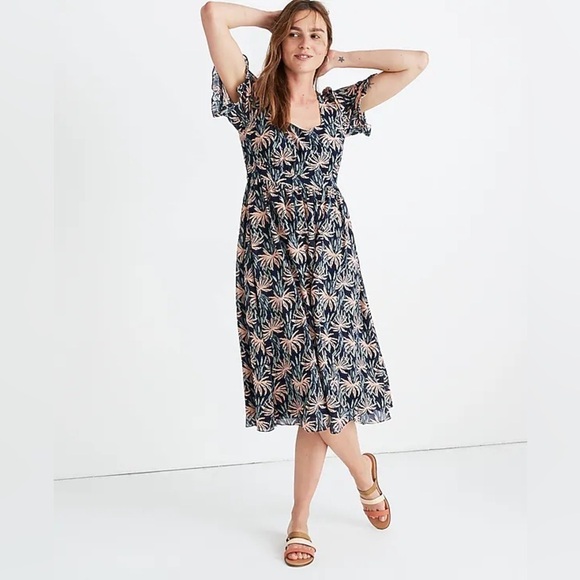 Madewell Floral Ruffle-Sleeve Midi Dress in Oasis Palms Navy size M Boho - Picture 1 of 16
